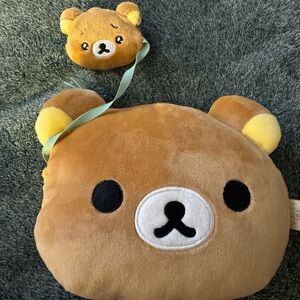 Sanrio Rilakkuma Brown Plush Bear Face Cosmetic Bag with Matching Mini Pouch